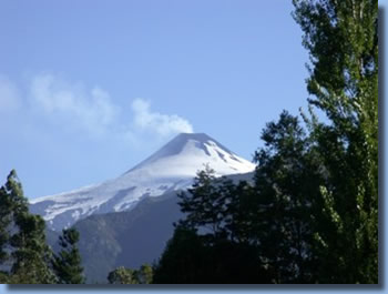 View over Villarrica from a trail ride on horseback in lake district, Chile
