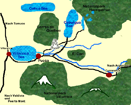 map of the aerea around campo antilco, the horse riding farm near Pucon Chile